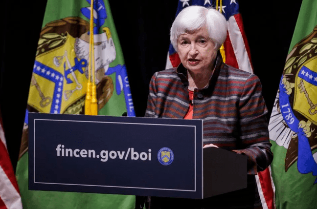 An image of U.S. Treasury Secretary Janet Yellen speaki